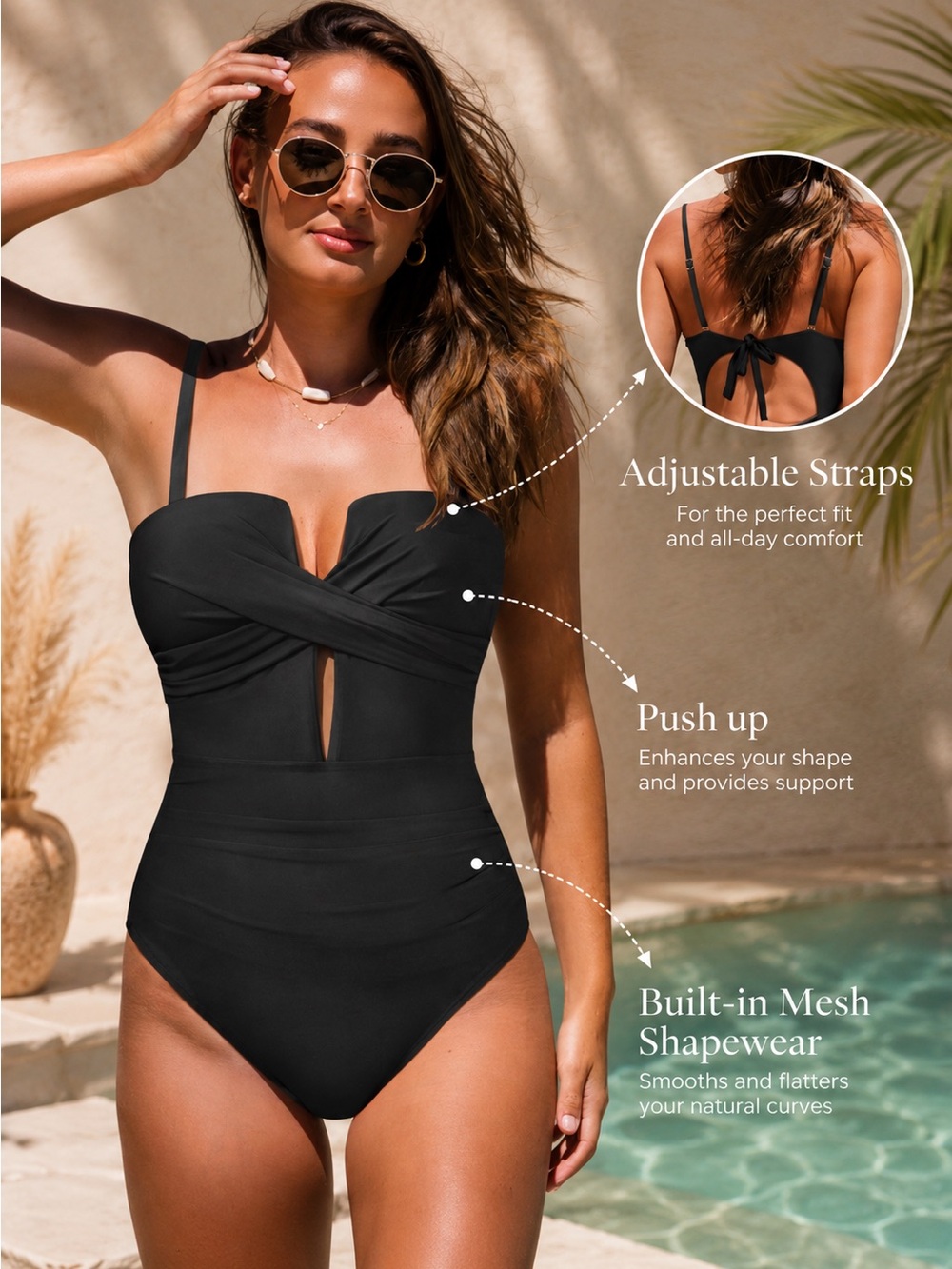POPVIL Black One-Piece Swimwear with Adjustable Straps